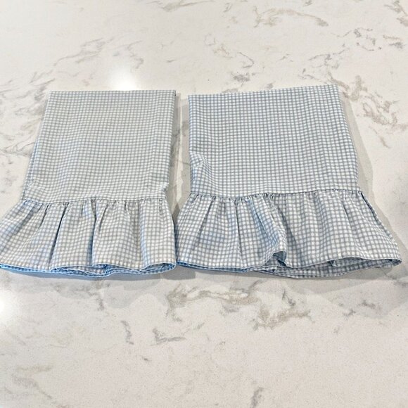 Vintage Set of 2  Pillowcases Blue White Gingham Check Ruffle 18.5" x 28" - Picture 3 of 7